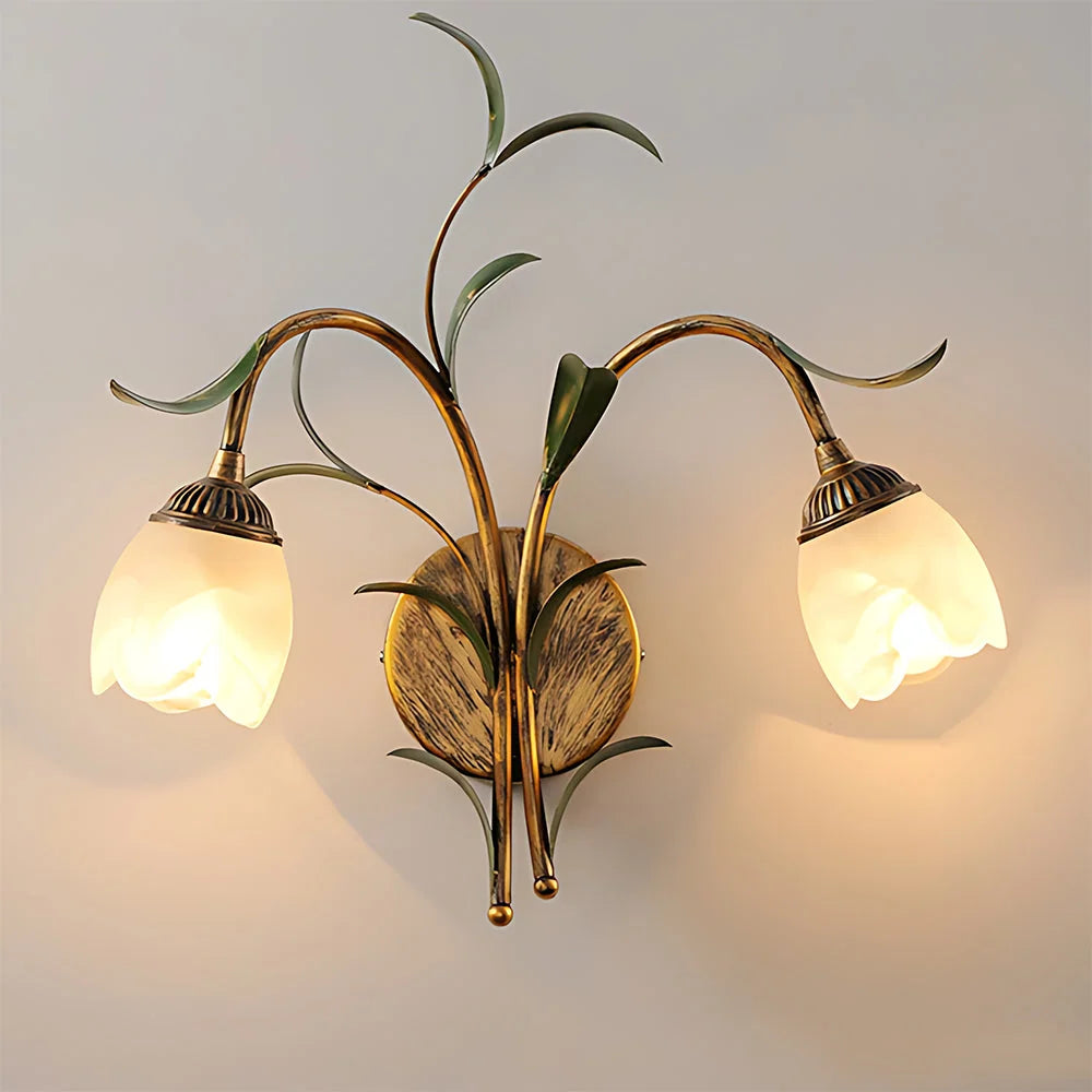 Wall Sconce | Cream Floral Glass & Antique Brass | Bulb Included