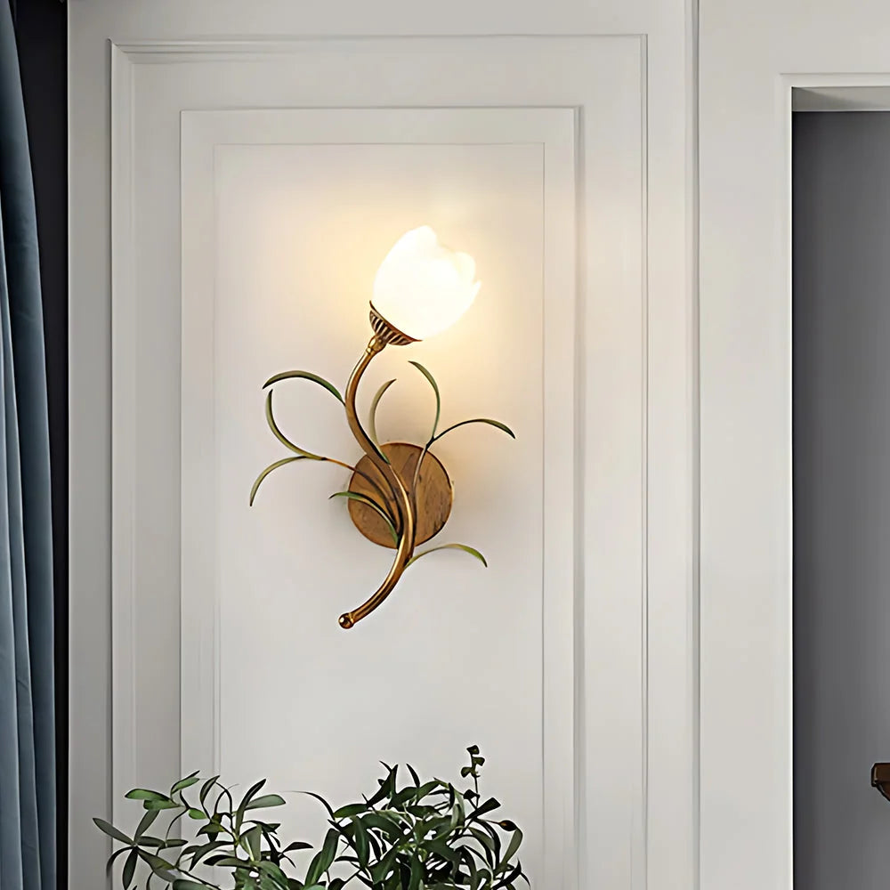 Wall Sconce | Cream Floral Glass & Antique Brass | Bulb Included