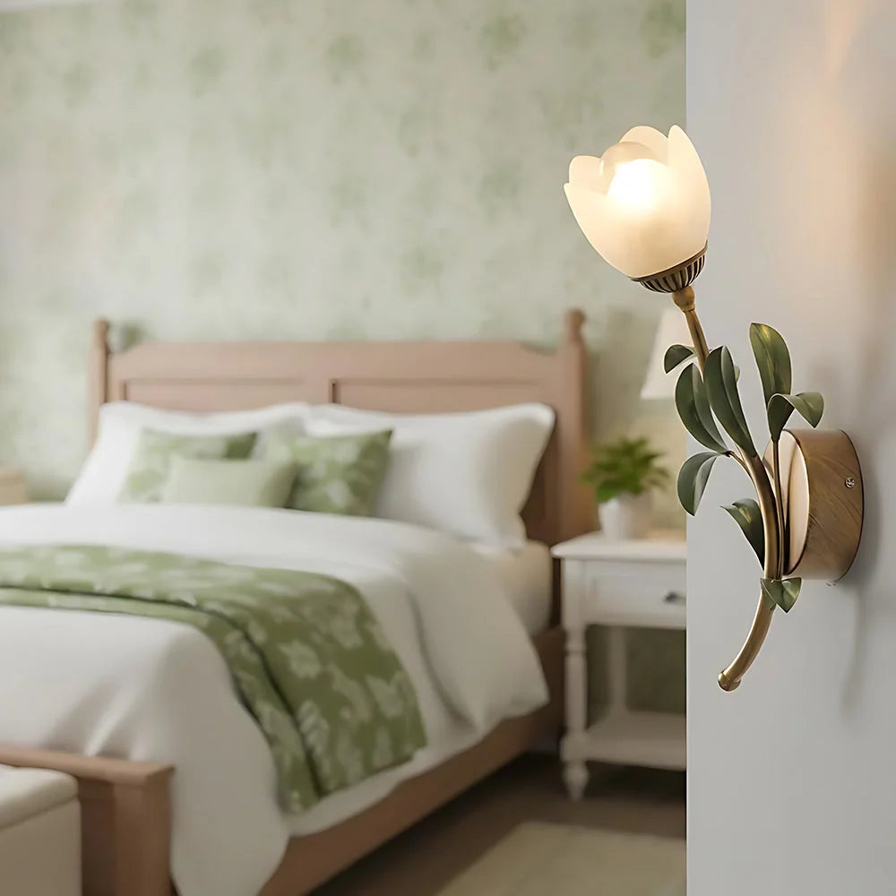 Wall Sconce | Cream Floral Glass & Antique Brass | Bulb Included