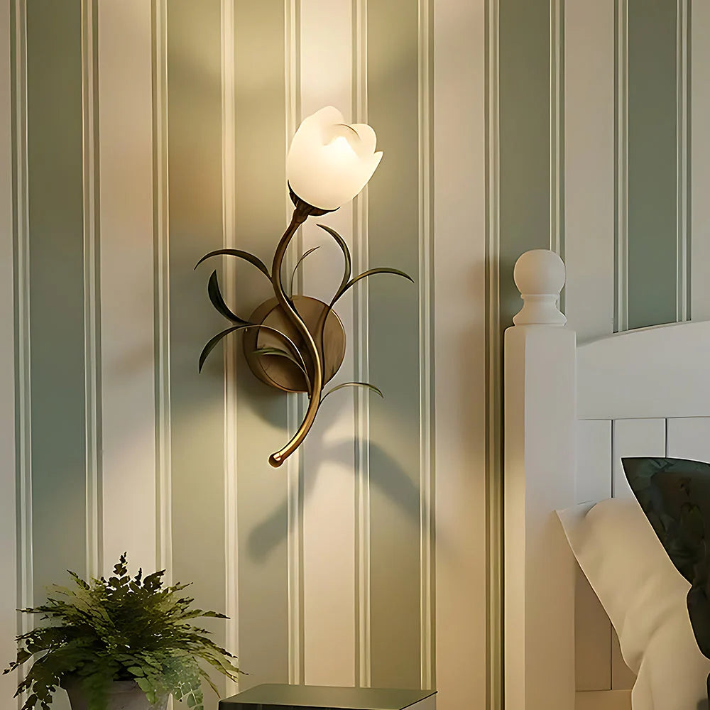 Wall Sconce | Cream Floral Glass & Antique Brass | Bulb Included