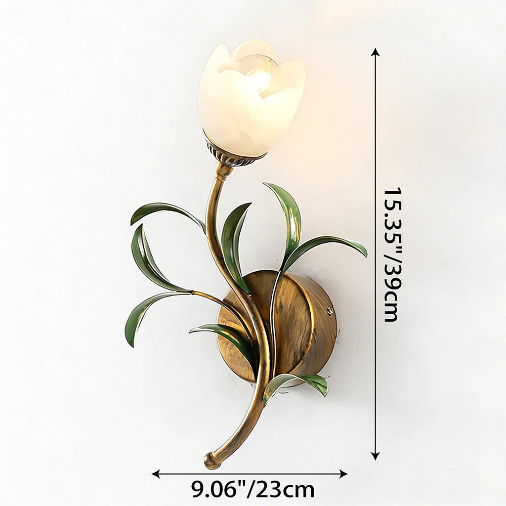 Wall Sconce | Cream Floral Glass & Antique Brass | Bulb Included