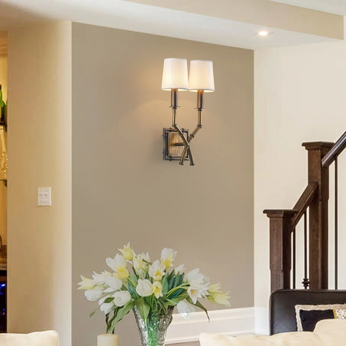 Wall Sconce | Double-Arm Bronze Iron & Fabric Shade