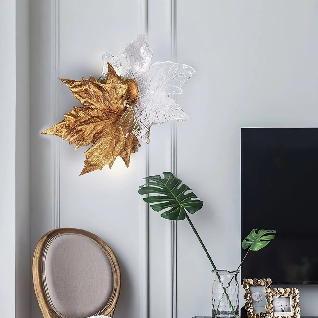 Wall Sconce | Maple Leaf Design Brass & Glass | 31 cm
