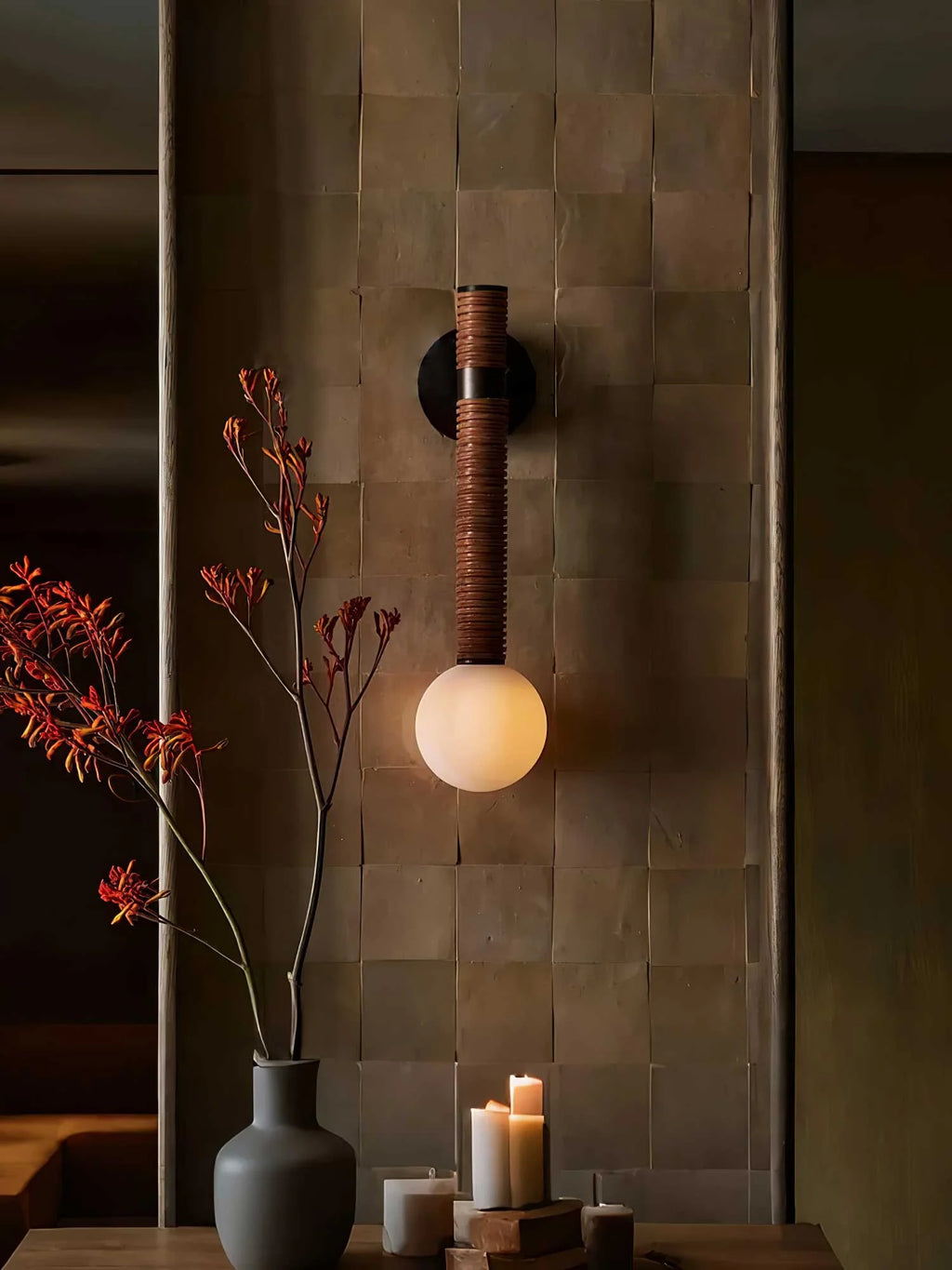 Wall Sconce | Metal & Glass With Leather Accent | 12 cm Dia x 49 cm H