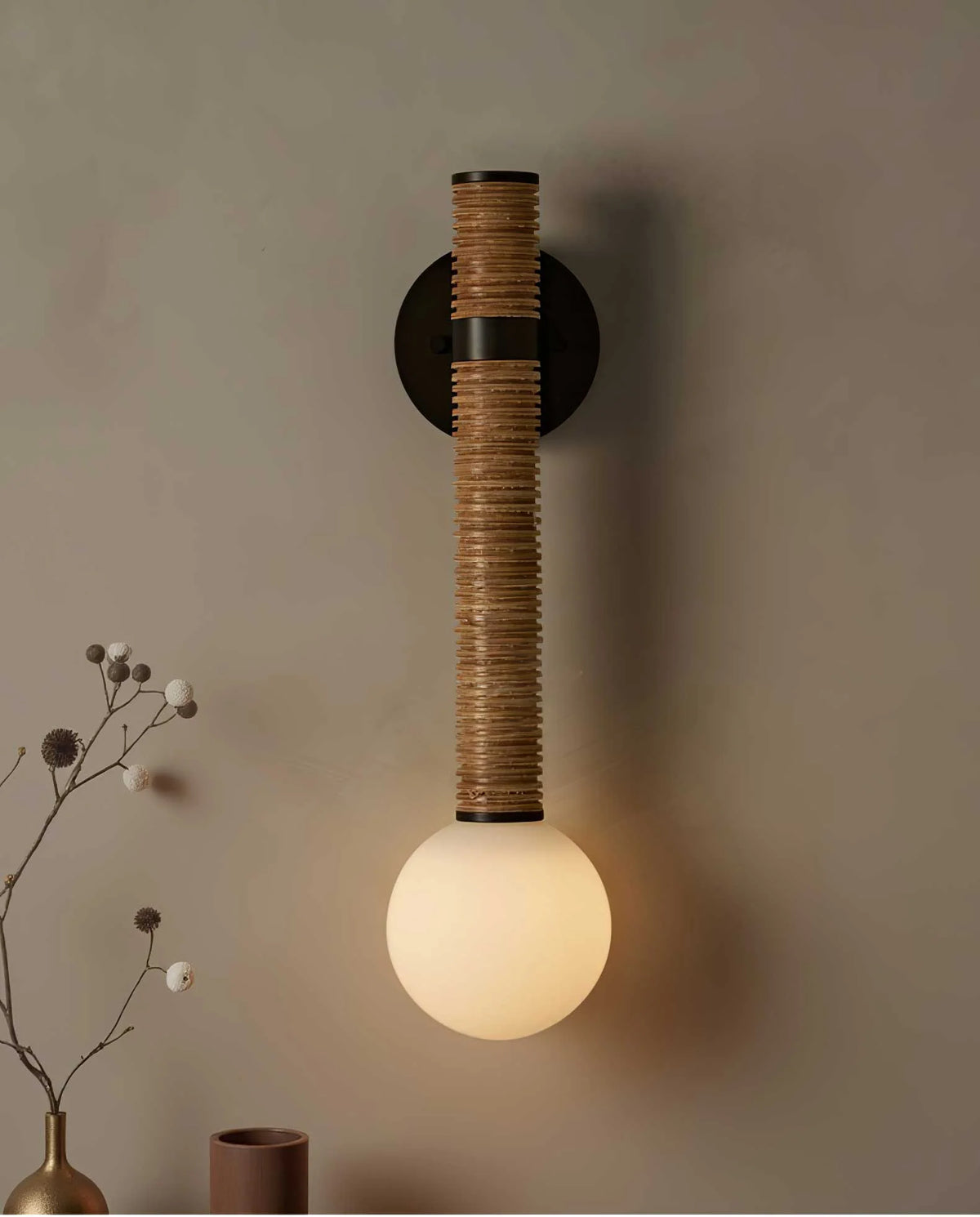Wall Sconce | Metal & Glass With Leather Accent | 12 cm Dia x 49 cm H