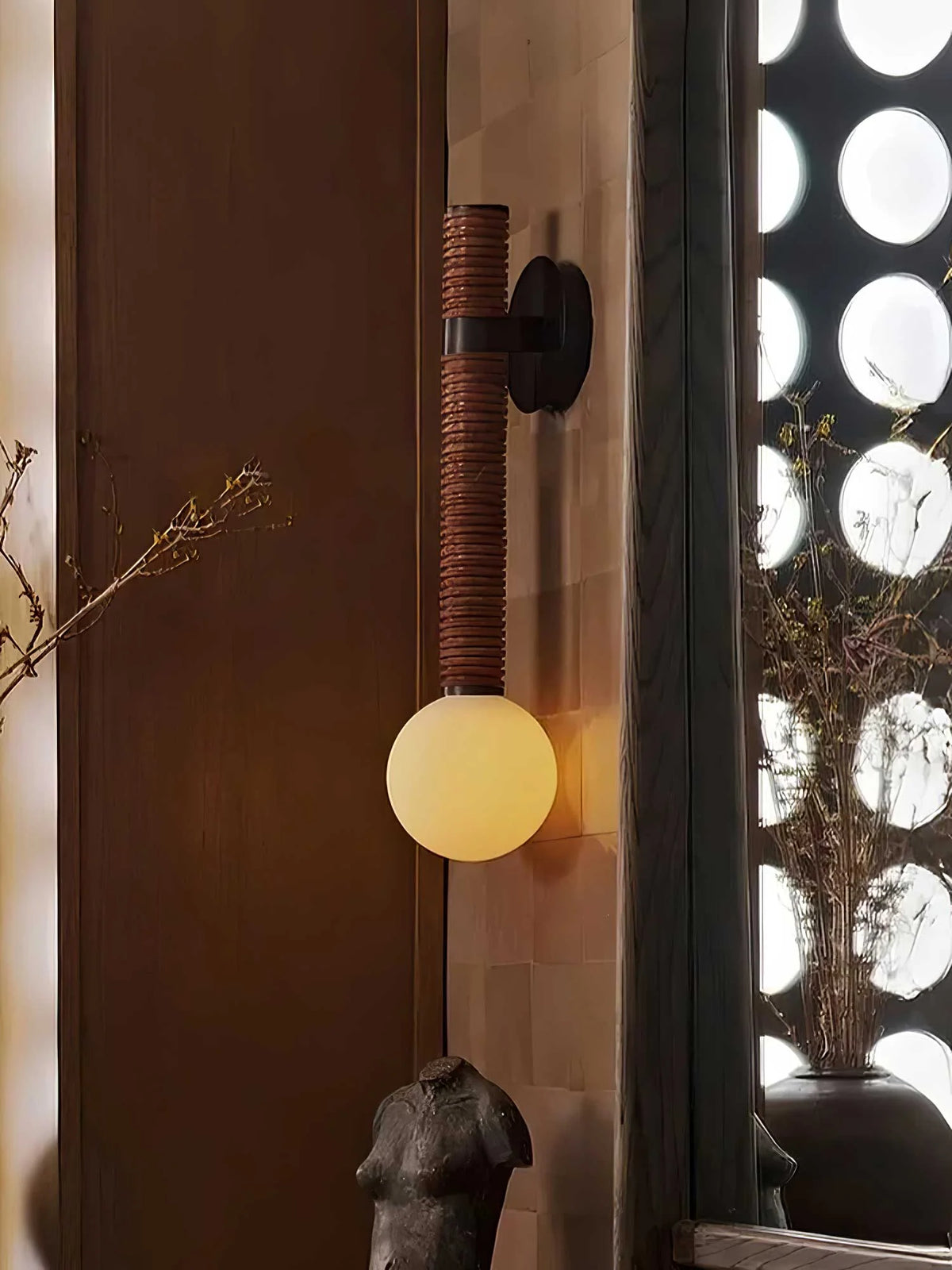 Wall Sconce | Metal & Glass With Leather Accent | 12 cm Dia x 49 cm H