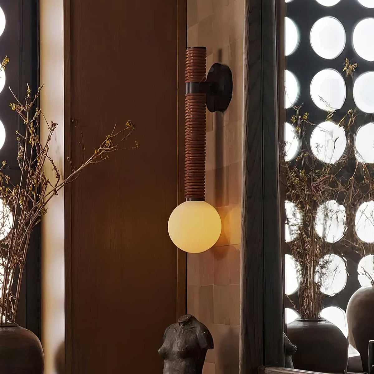 Wall Sconce | Metal & Glass With Leather Accent | 12 cm Dia x 49 cm H