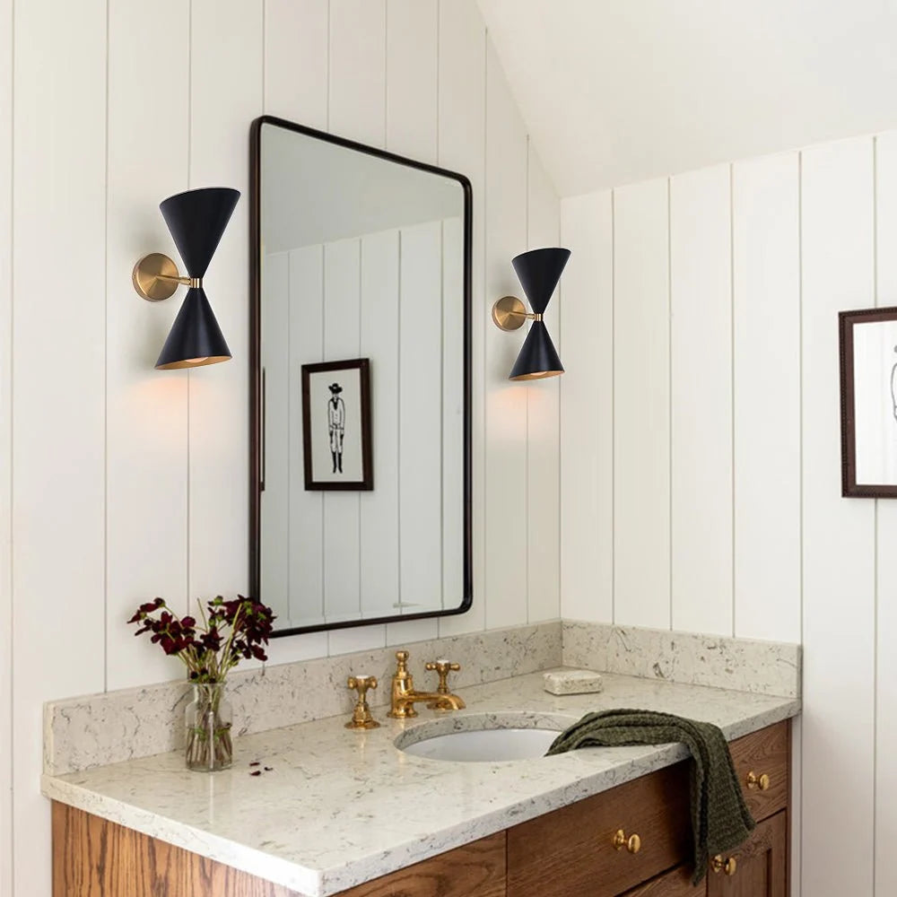 Wall Sconce | Mid-Century Black & Gold Up & Down Lighting | 2-Light