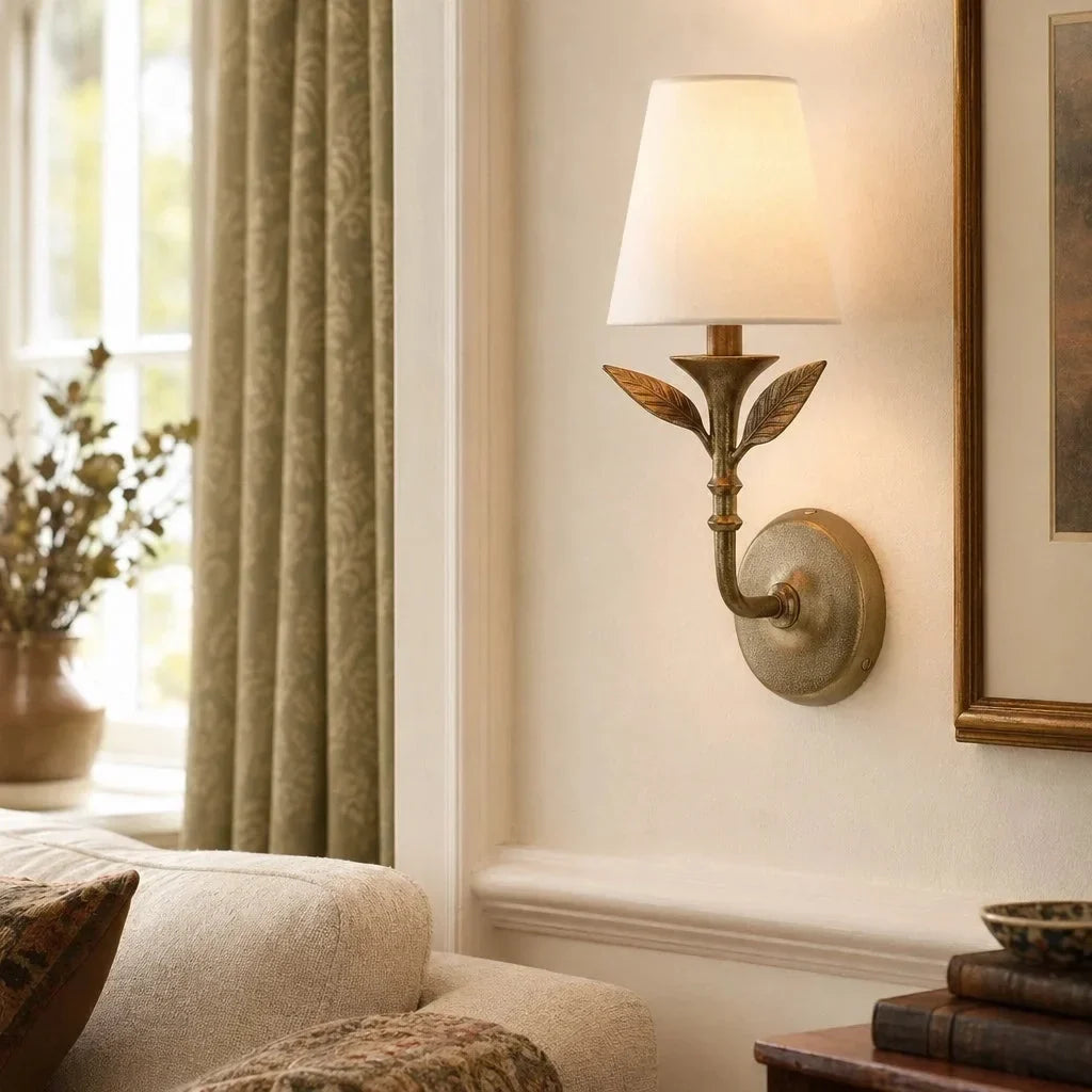 Wall Sconce | Rustic Botanical Forged Iron & Linen Shade