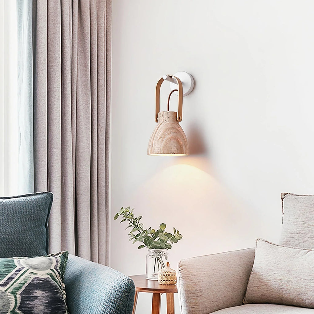 Wall Sconce | Travertine Shade & Wood Handle | Hardwired