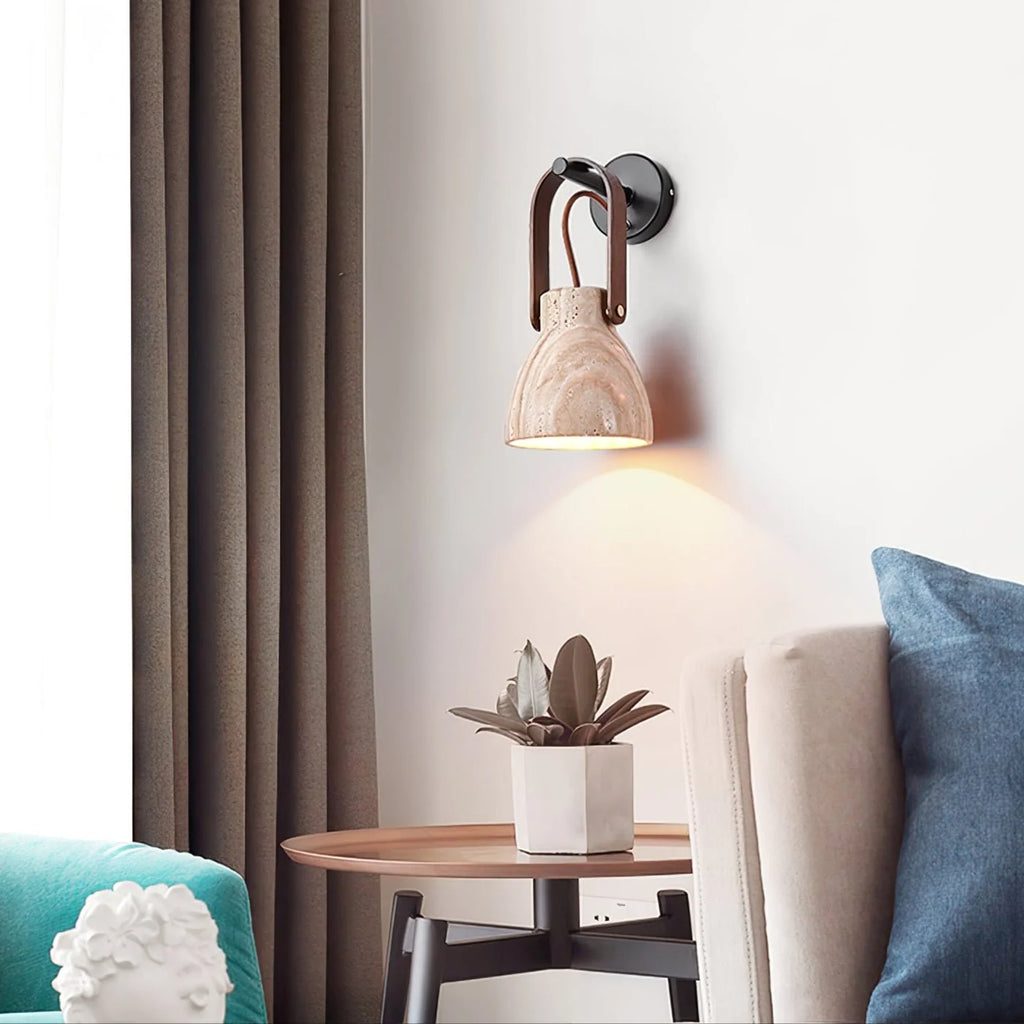 Wall Sconce | Travertine Shade & Wood Handle | Hardwired