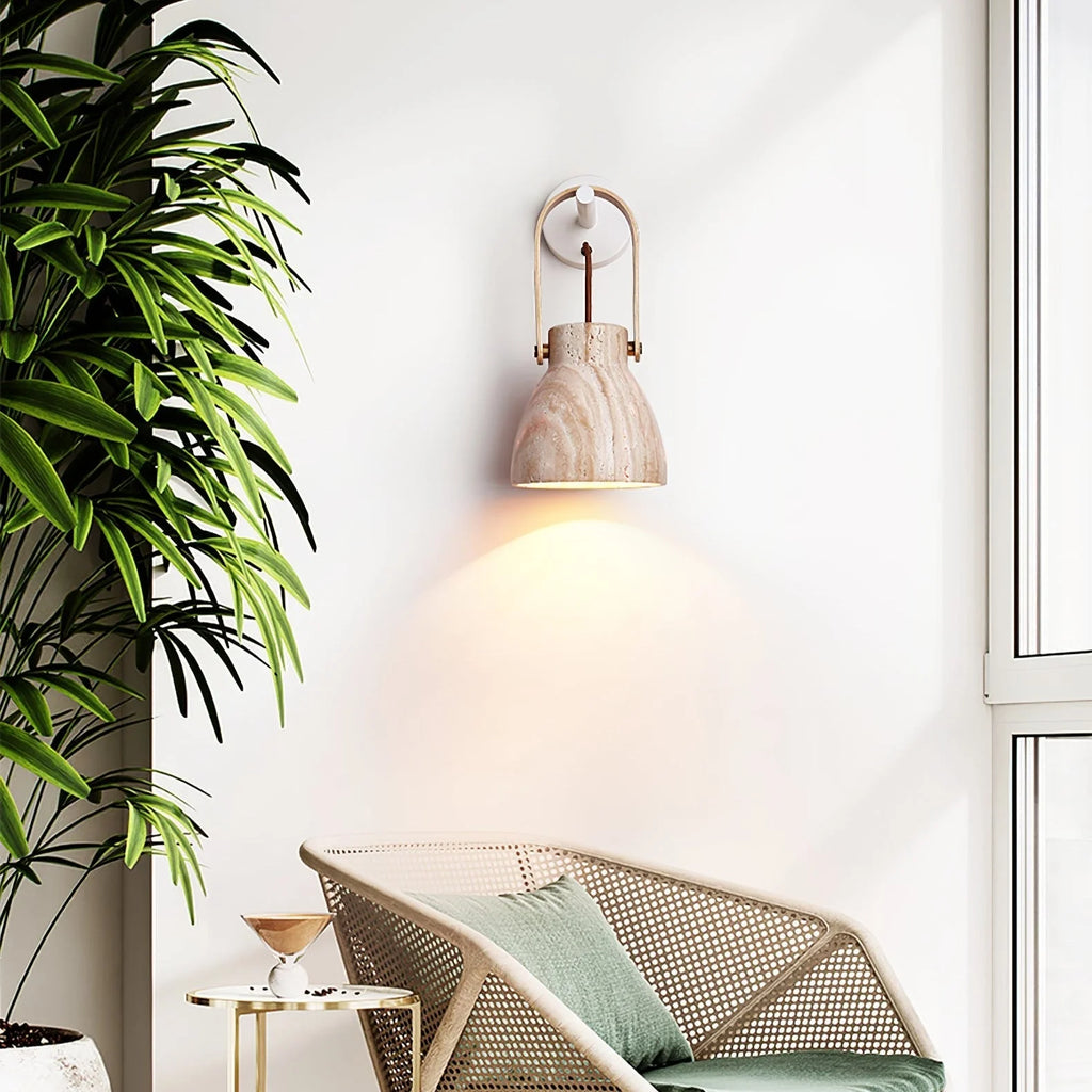 Wall Sconce | Travertine Shade & Wood Handle | Hardwired