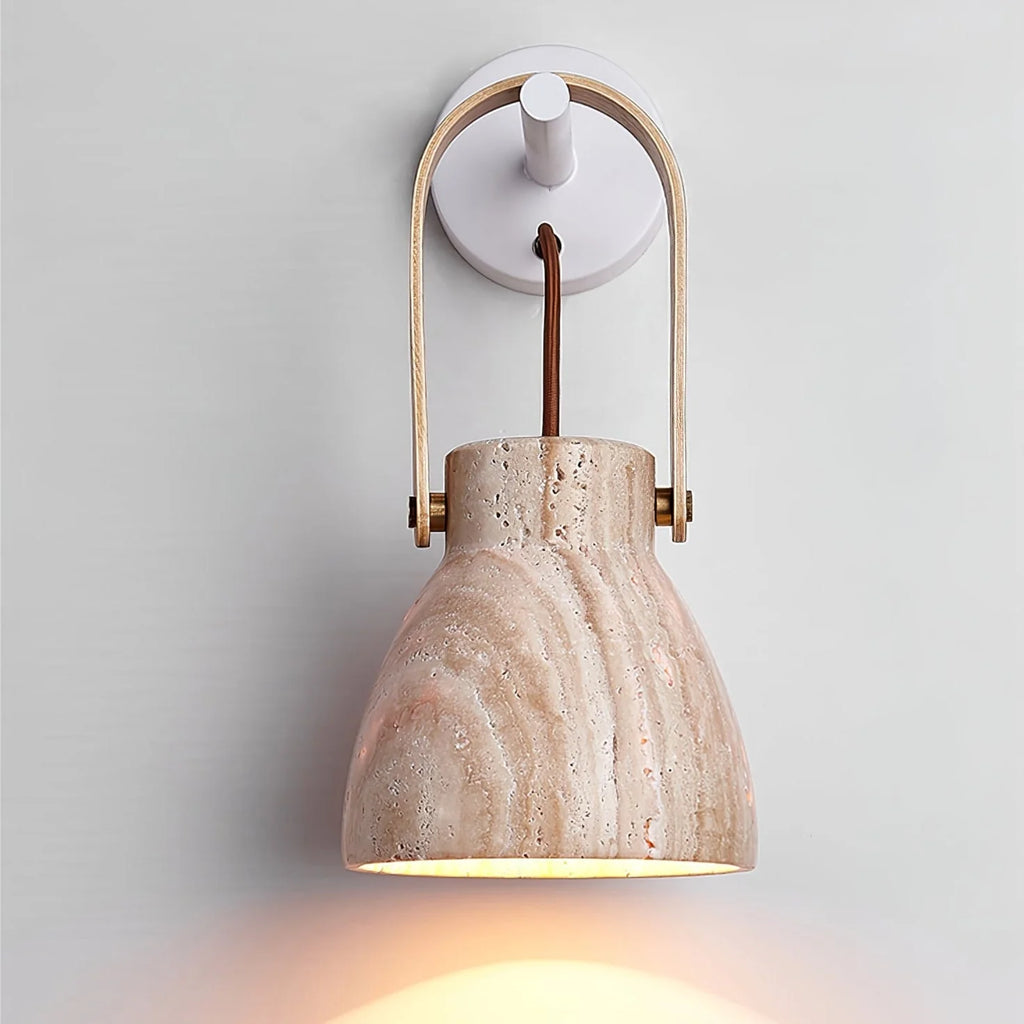 Wall Sconce | Travertine Shade & Wood Handle | Hardwired