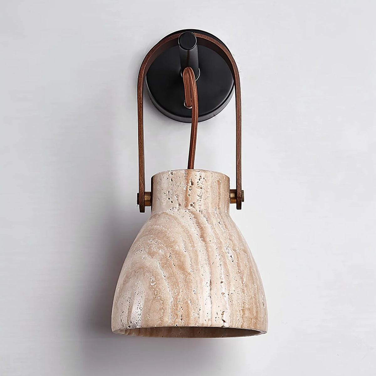 Wall Sconce | Travertine Shade & Wood Handle | Hardwired