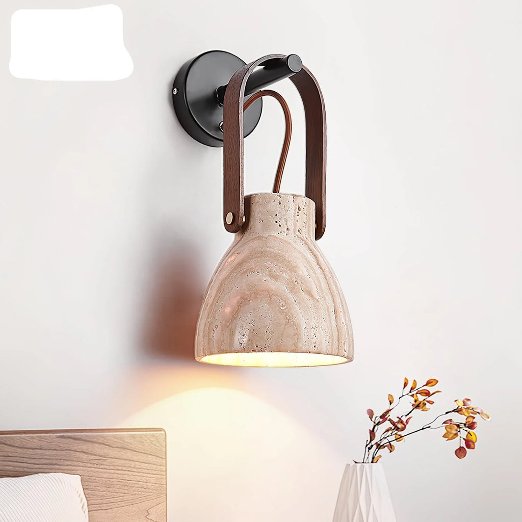 Wall Sconce | Travertine Shade & Wood Handle | Hardwired