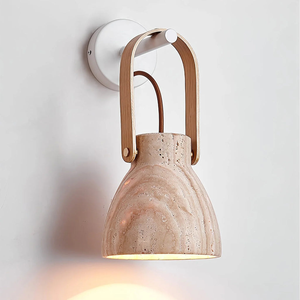 Wall Sconce | Travertine Shade & Wood Handle | Hardwired
