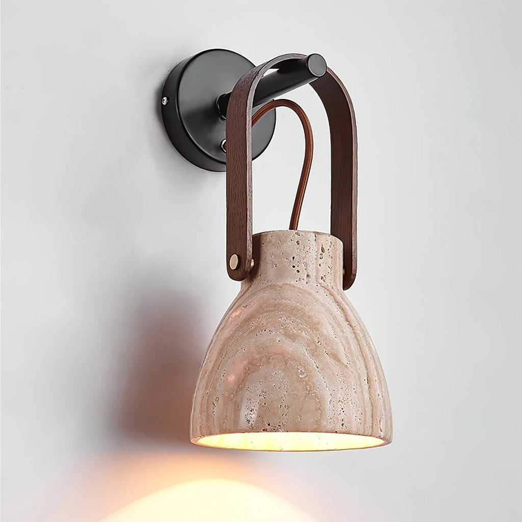 Wall Sconce | Travertine Shade & Wood Handle | Hardwired