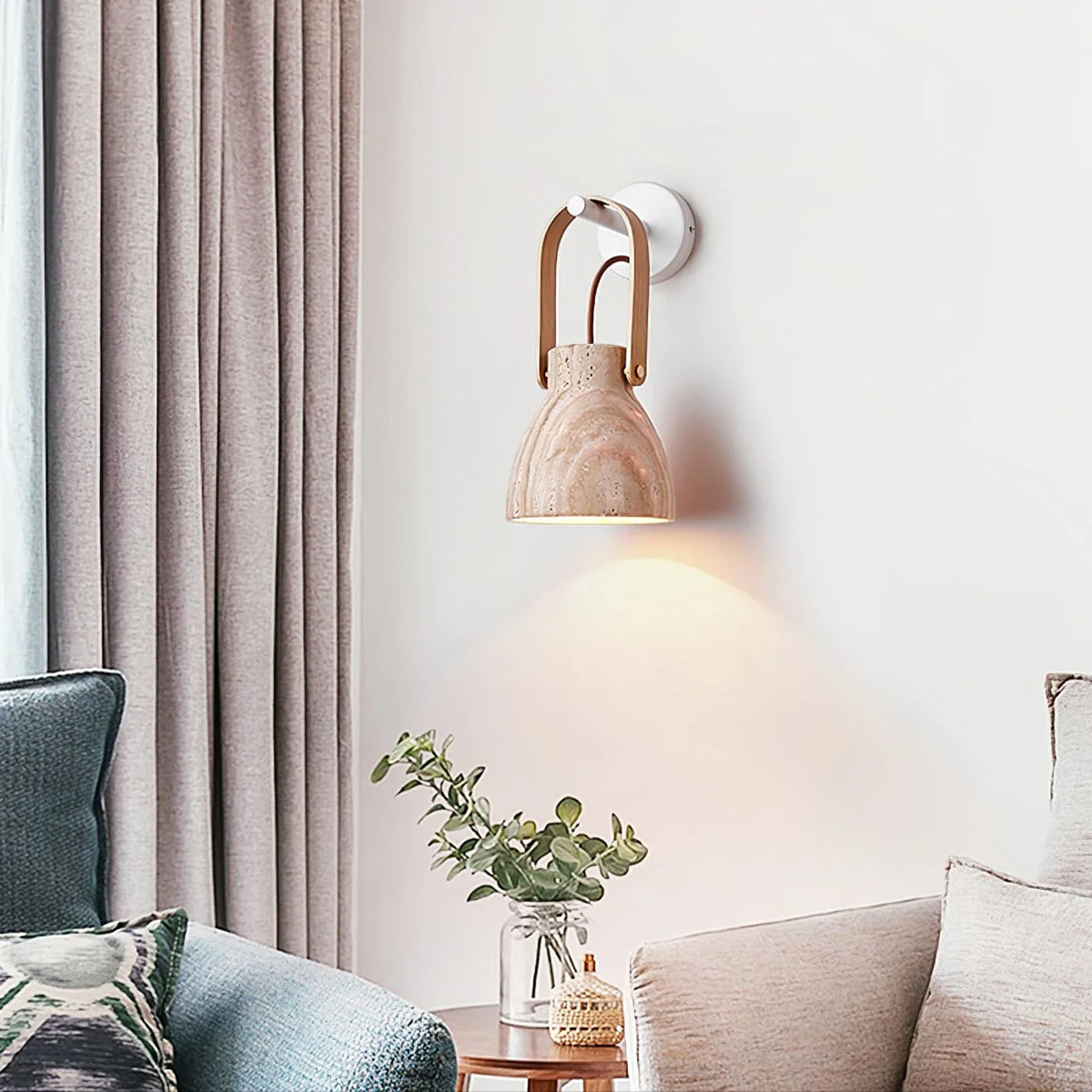 Wall Sconce | Travertine Shade & Wood Handle | Hardwired