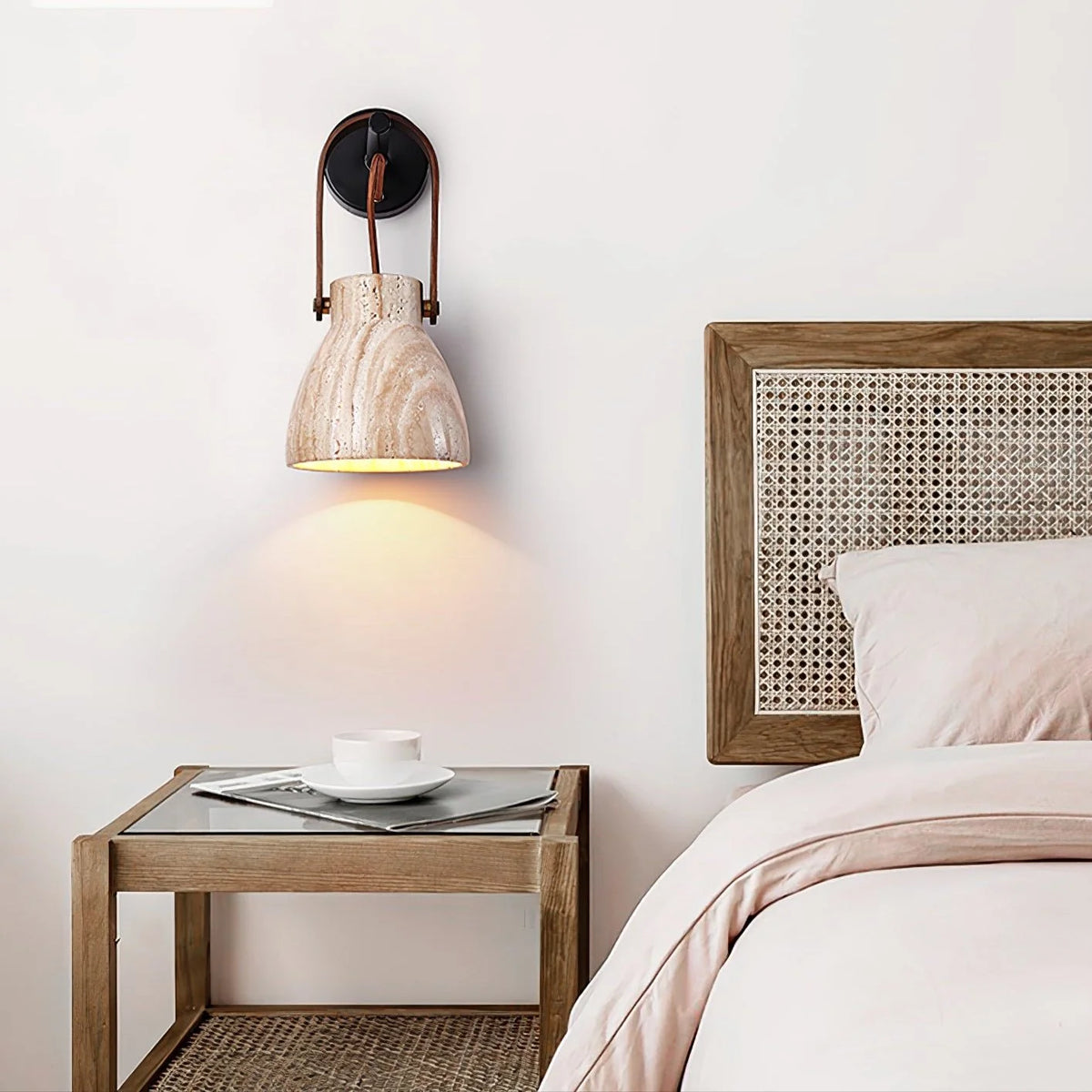 Wall Sconce | Travertine Shade & Wood Handle | Hardwired