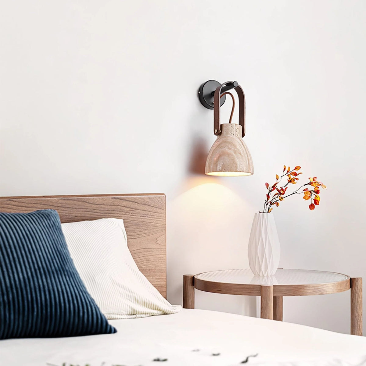 Wall Sconce | Travertine Shade & Wood Handle | Hardwired