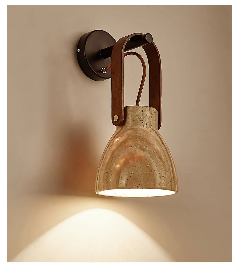 Wall Sconce | Travertine Shade & Wood Handle | Hardwired