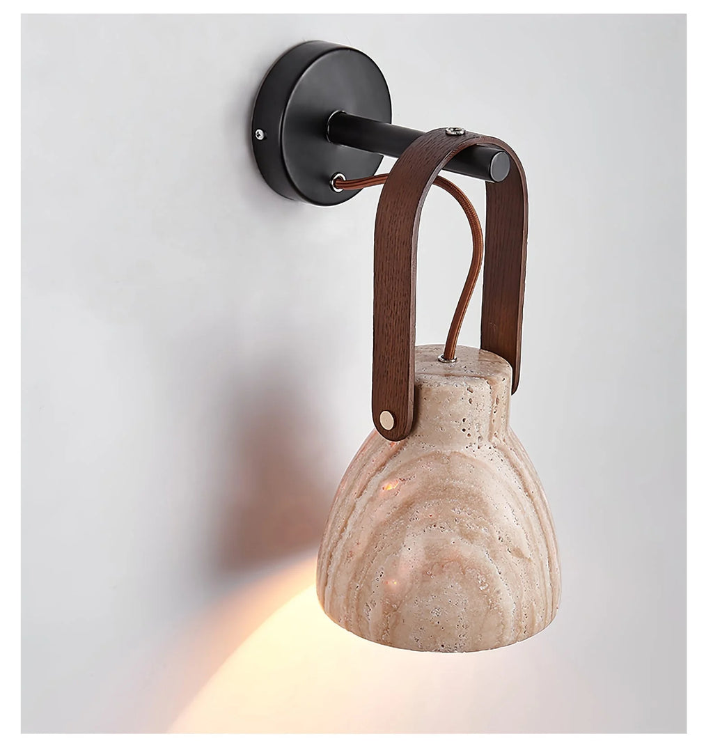 Wall Sconce | Travertine Shade & Wood Handle | Hardwired