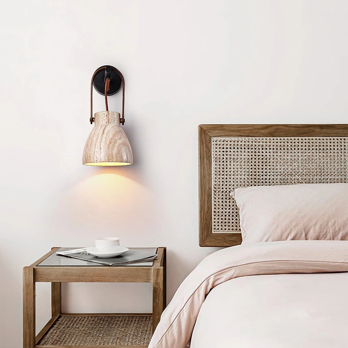 Wall Sconce | Travertine Shade & Wood Handle | Hardwired