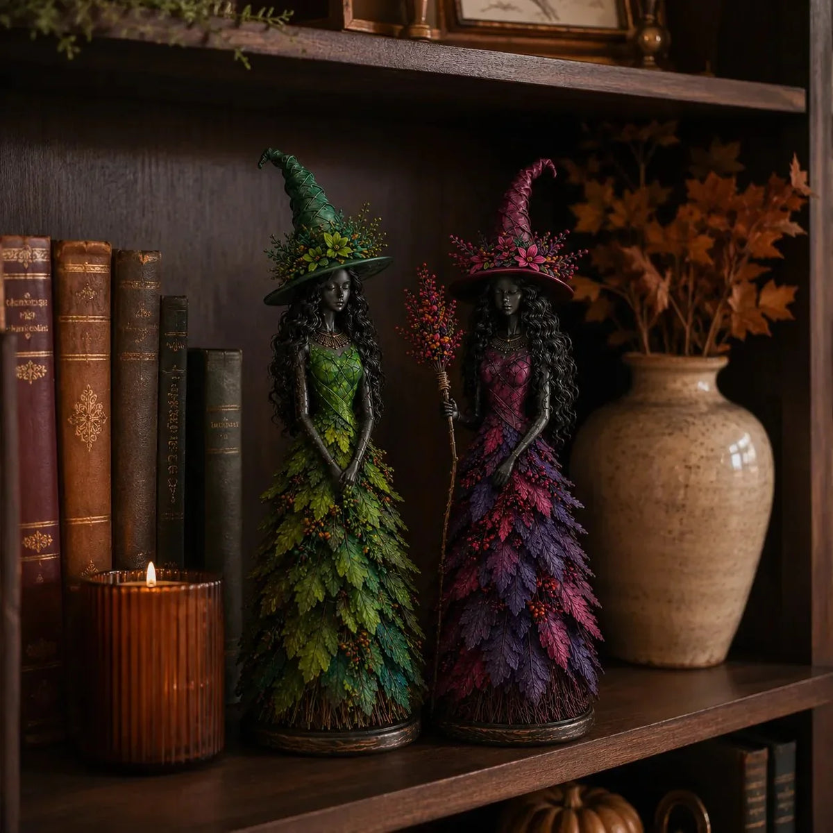 Witch Figurine | Handcrafted & Leaf-Accented | Autumn Home Accent
