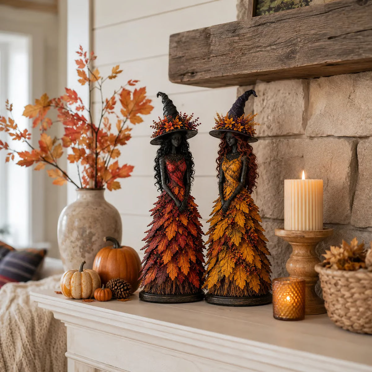 Witch Figurine | Handcrafted & Leaf-Accented | Autumn Home Accent
