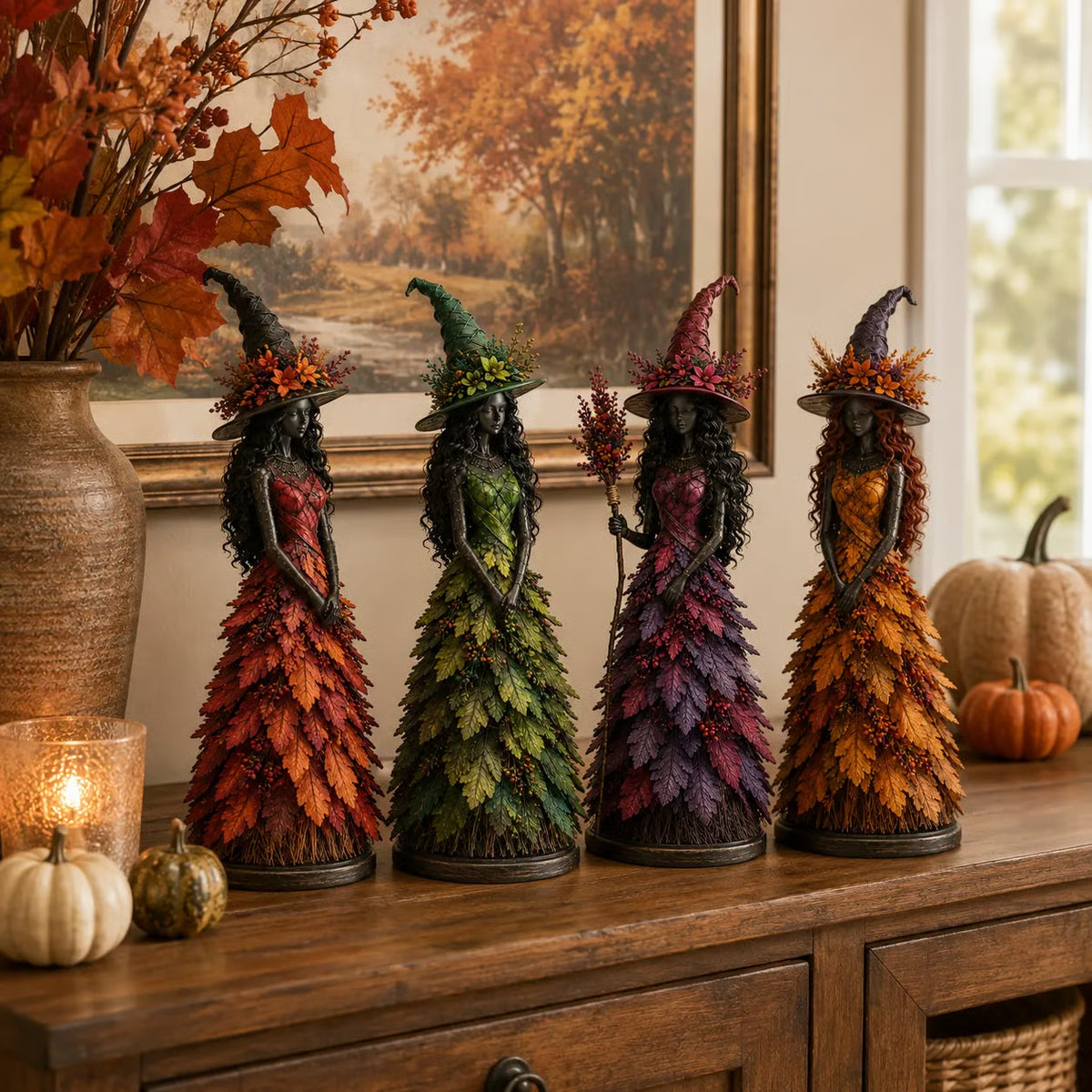 Witch Figurine | Handcrafted & Leaf-Accented | Autumn Home Accent