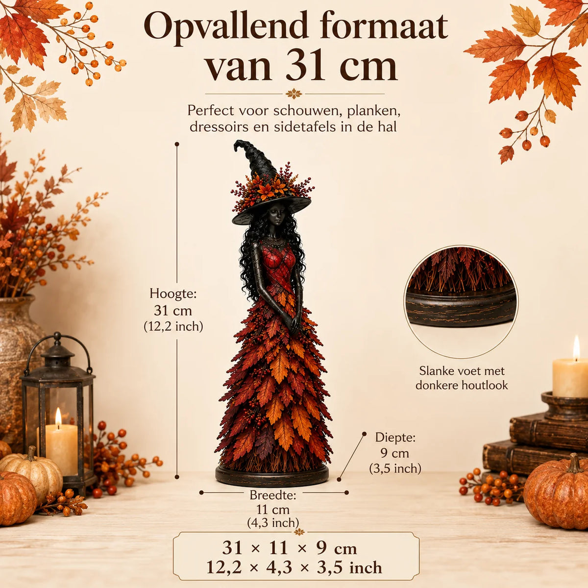 Witch Figurine | Handcrafted & Leaf-Accented | Autumn Home Accent