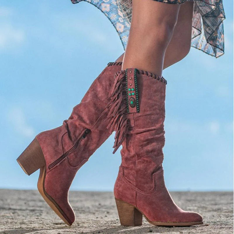 Women's Knee-High Boots | Faux Suede & Fringe | 3-Inch Block Heel