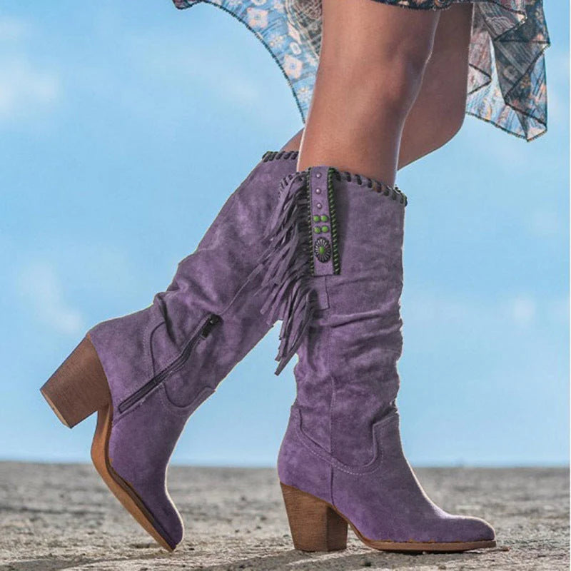 Women's Knee-High Boots | Faux Suede & Fringe | 3-Inch Block Heel