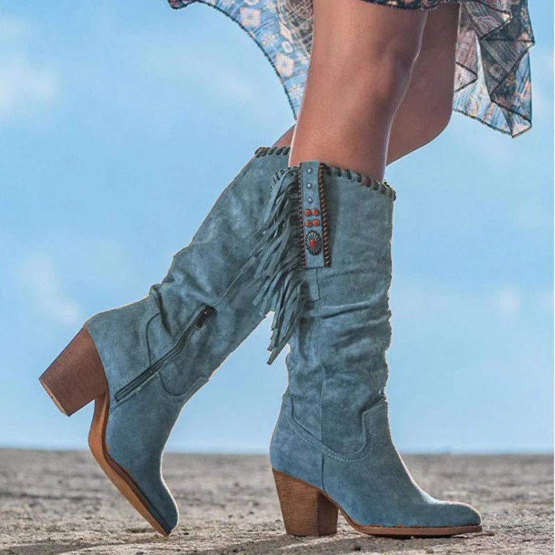 Women's Knee-High Boots | Faux Suede & Fringe | 3-Inch Block Heel